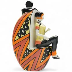 Lorna Bailey limited edition Deco lady figure, modelled as seated on covered pot, with geometric painted striped and spotted decoration, signed and numbered 12/50 to base, H25cm 