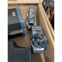 Collection of vintage cine cameras, including Bolex Paillard B8L, Mansfield Holiday Meter Matic, Quarz, Bell & Howell Autoset, Sankyo Super Micro, Canon Demi C, Agfa Movexoom, etc