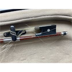 Two three-quarter size violins - German Saxony with 34cm one-piece maple back and ribs and spruce top; L56cm overall; and Hungarian with 34cm two-piece maple back and ribs and spruce top; L56cm overall; each in carrying case with bow (2)