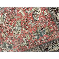 Fine Persian silk and cotton hunting rug, pink ground field depicting hunting scenes, trees and flowers, the border decorated with scrolls and script panel