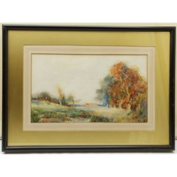 S L Turnbull (British early 20th century): 'A View on Wadsley Common Sheffield', watercolour signed, titled verso; Ken Bell (British Contemporary): Reclining Nude, watercolour signed; R Carmichael: 'The Chapel of the English Convent Bruges', watercolour signed, titled verso; together with two landscape watercolour vignettes indistinctly signed, max 49cm x 65cm (5)