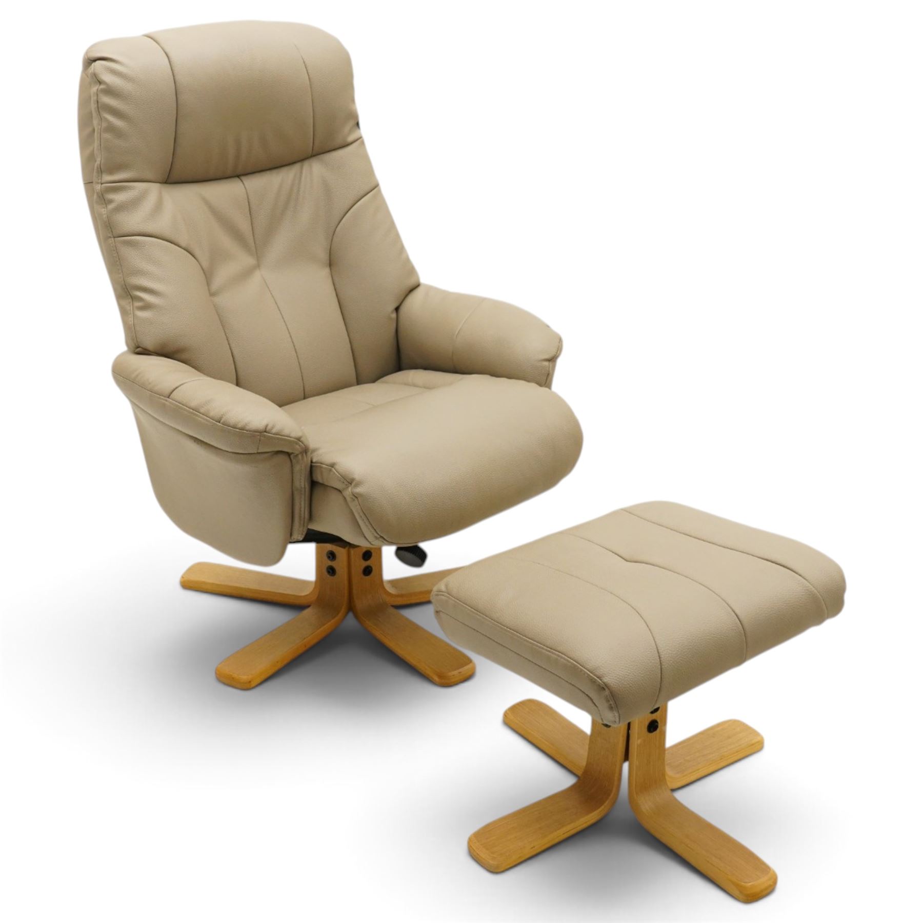 Modern beige leather upholstered swivel armchair and matching footstool, the high back and padded arms with stitched panel detail, raised on laminated beech five and four star bases