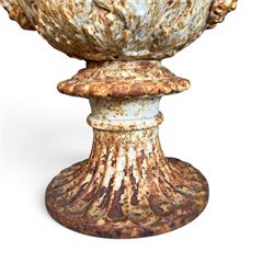 Andrew Handyside - pair of 19th century best quality cast iron garden urns, individually detailed in relief Allegorical Figures and Helaldic Swans, campagna form with twin handles, detail under rim, raised on circular fluted base