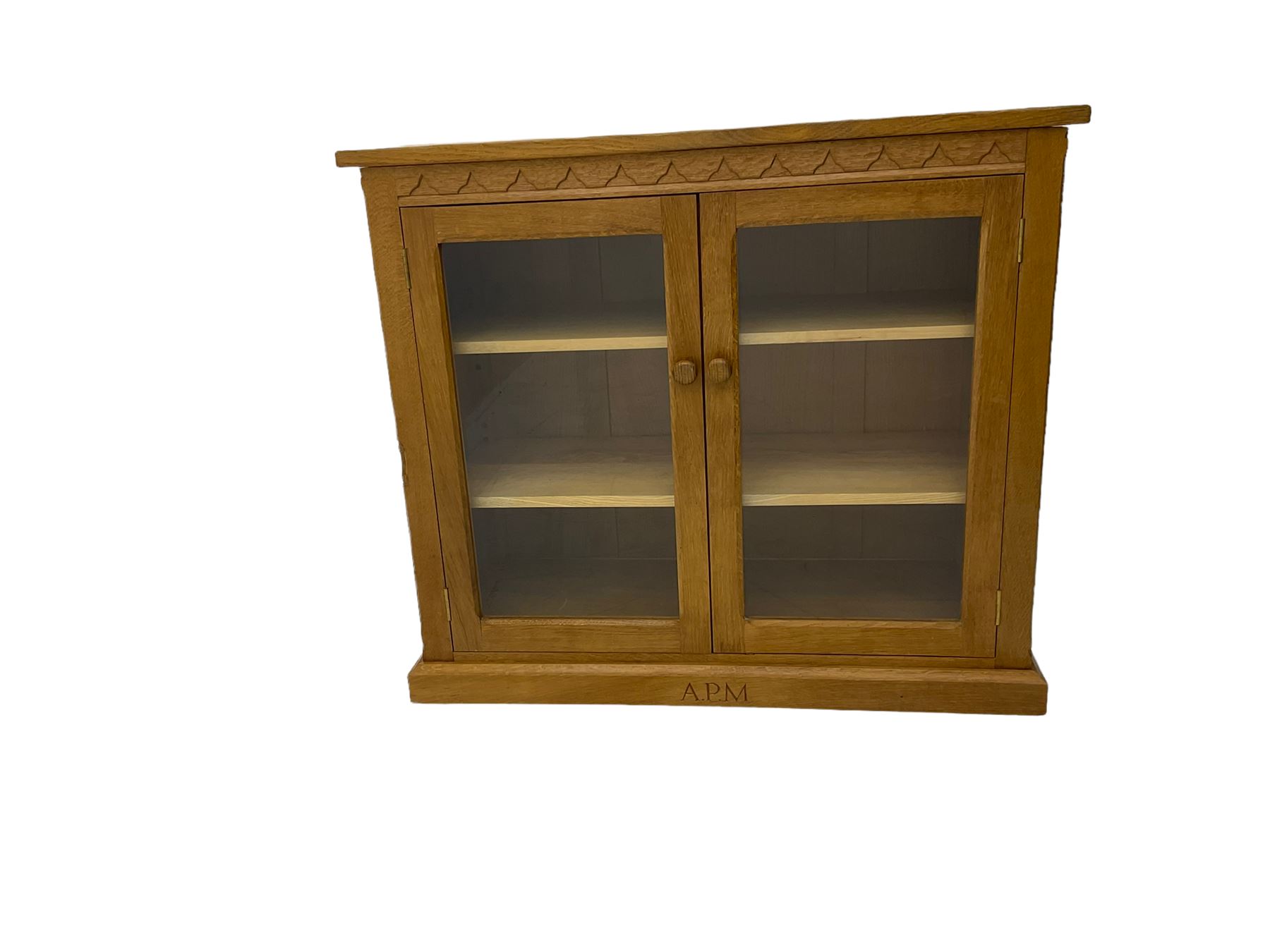 Catman - Yorkshire oak side cabinet, fitted with two glass doors, carved inset Cat signature, by Chris Checksfield of Whitby (Ex Gnomeman)