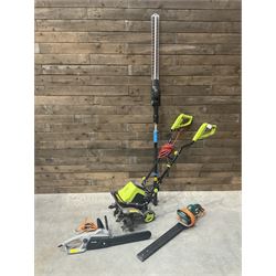 GardenGear electric tiller, MacAllister hedge trimmer, Titan electric chainsaw, and a hedge trimmer