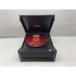 Large quantity of vinyl LPs, predominantly rock and pop, to include Elvis, Elton John, The Kinks, Deep Purple, Eurythmics, Whitney Houston, Phil Collins, Rolling Stones etc, in three boxes, together with quantity of 45 rpm records, Steepletone SRP1R-11 record player and record carry case