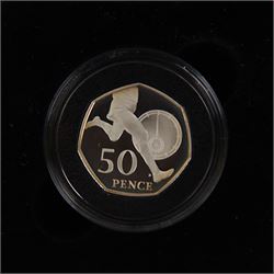 Seven The Royal Mint United Kingdom silver proof fifty pence coins, comprising 1994 'D-Day', 1997 piedfort, 2000 '150 Years of Public Libraries' piedfort, 2004 '50th Anniversary of the four-minute mile', 2004 '50th Anniversary of the four-minute mile' piedfort, 2005 'Celebrating the 250th Anniversary of Samuel Johnson's Dictionary' and 2005 'Celebrating the 250th Anniversary of Samuel Johnson's Dictionary' piedfort, all cased with certificates