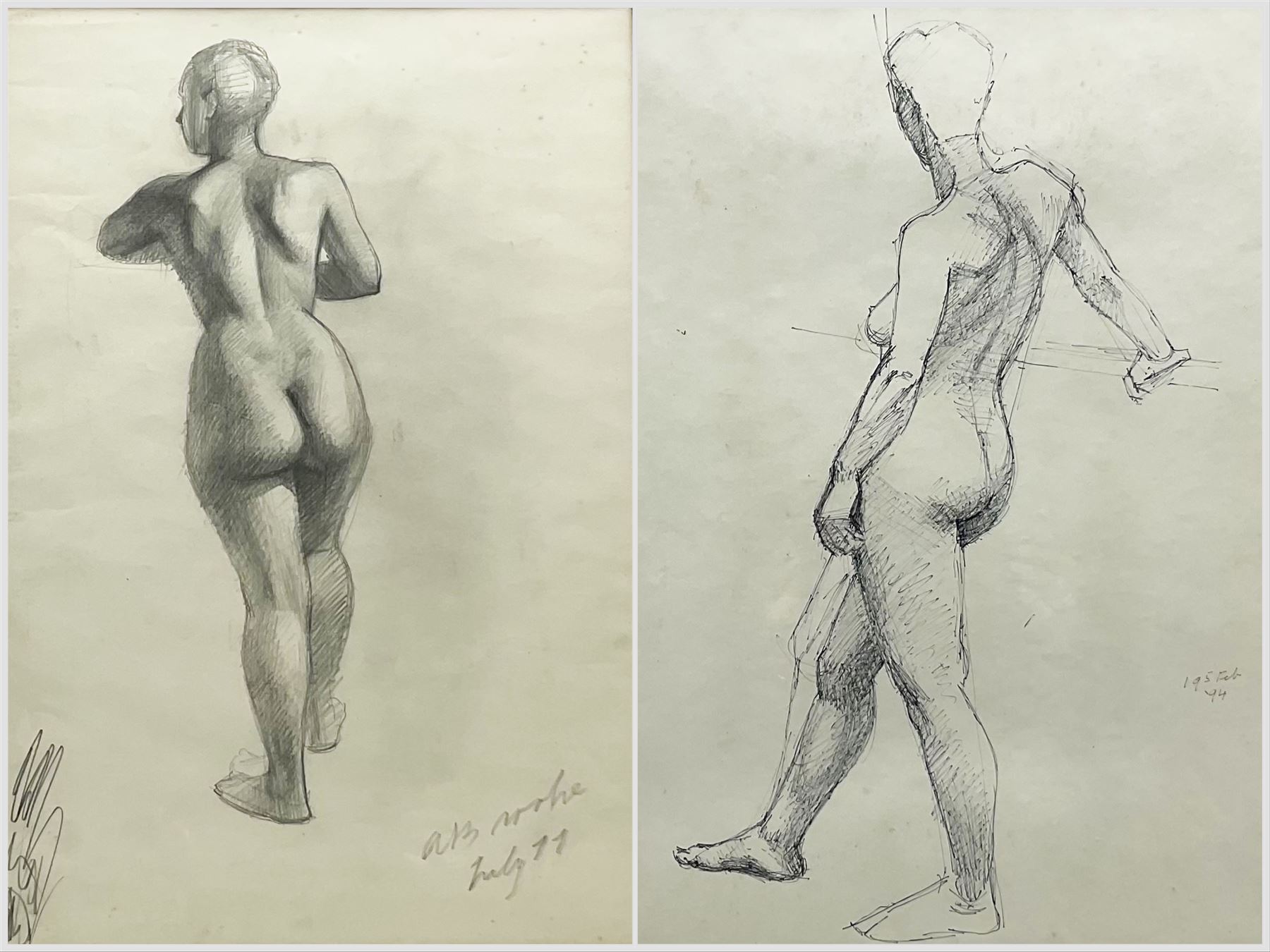 Anne Isabella Brooke (British 1916-2002): Female Nude Life Study's, one pencil the other pen and ink signed, dated '77 and '94 max 49cm x 36cm (2)
Notes: painter and teacher born at South Crosland, Yorkshire principally known for her landscape oils. She attended Chelsea School of Art 1937-39, Huddersfield School of Art 1939-41 and London University. Lived in Harrogate