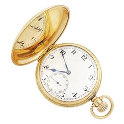 Early 20th century 9ct gold full hunter keyless lever pocket watch, white enamel dial with...