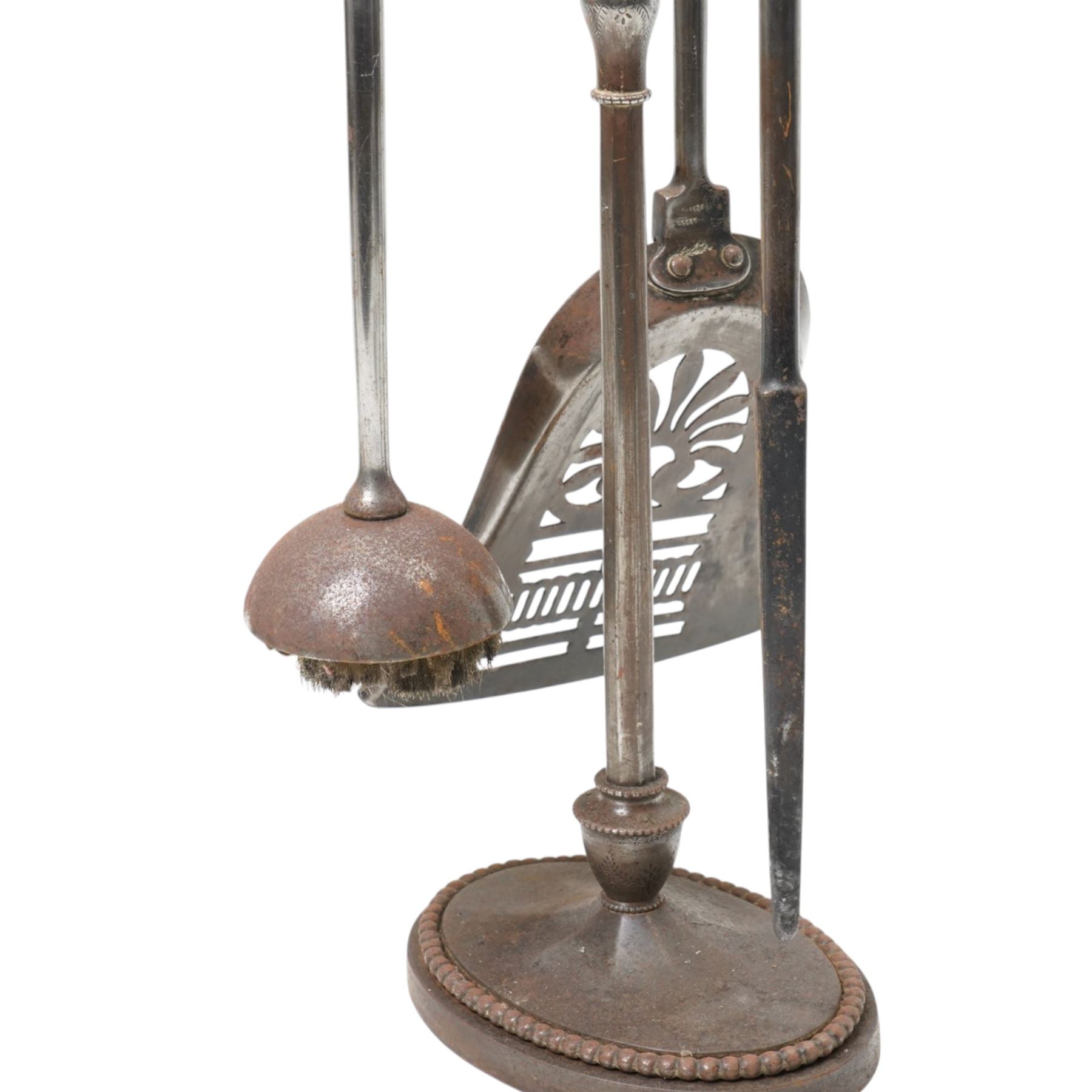 Two 19th century fireside companion sets, one four piece and one three piece, the stand and irons with etched foliate motifs, larger H74cm (2)
Provenance: Kirkham Hall