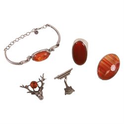 Silver stone set jewellery, including Baltic amber bracelet, agate brooch, tigers eye pendant, spider brooch, etc