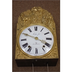  French Comtoise wall clock, convex white Roman dial inscribed Ardin Fils, a Pierre, the pressed brass surround and pendulum relief decorated with Vineyard scenes, twin weight driven movement striking the hours half hours on a bell, H40cm, W25cm, D15cm  