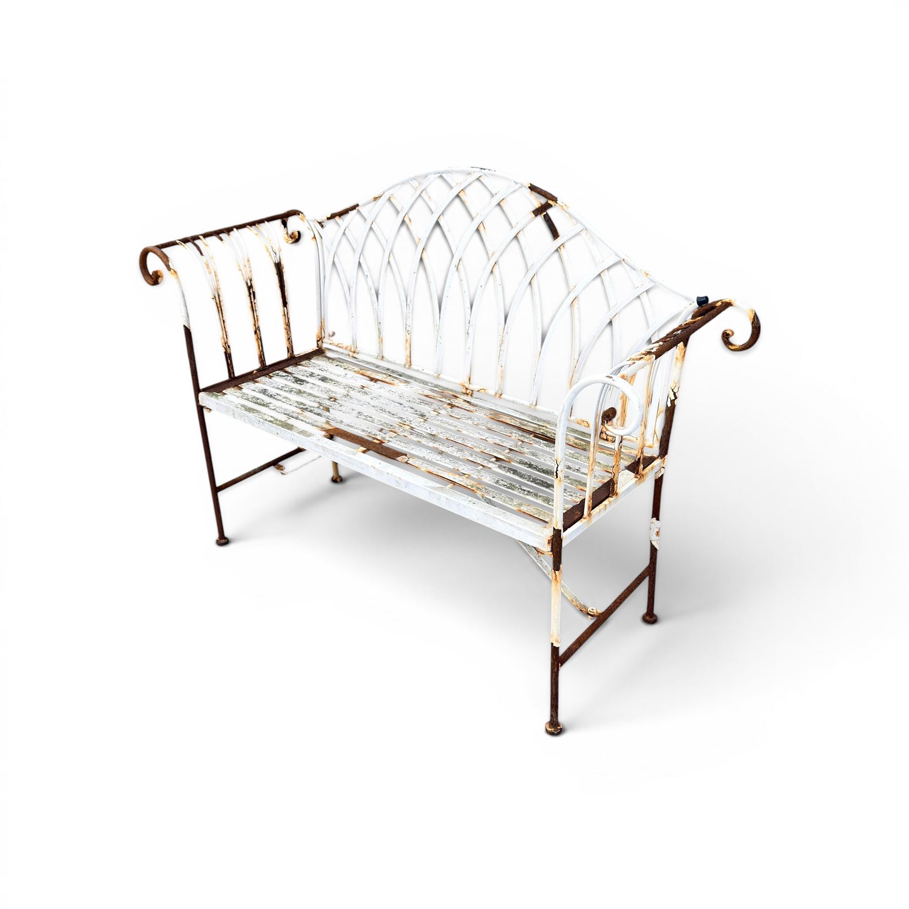 Small wrought metal two seat garden bench, finished in distressed white paint