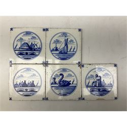 Five 19th century blue and white Delft tiles, each decorated with a central circular panel, containing buildings, boat, and swan, and a Victorian lustre mug decorated with polychrome flowers, tiles H13cm W13cm. 