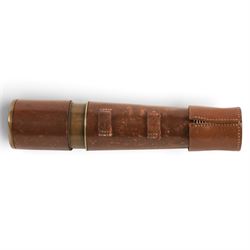 Early 20th century leather-bound three draw brass telescope by Broadhurst Clarkson & Co, 63 Farringdon Road London, full length L77cm