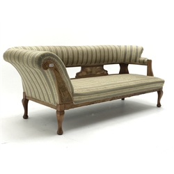 Late Victorian walnut framed chaise longue, upholstered in a gold and grey fabric, cabriole feet, L178cm  