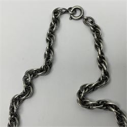 Joseff of Hollywood, circa 1950s metal and white paste necklace, with three graduated pendant drops set with white paste, to a Prince of Wales chain, signed with round script tag