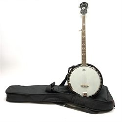 American/Korean Fender mahogany five-string banjo with mother-of-pearl inlaid rosewood finger board, serial no.KD03080778, L99cm, in TGI soft carrying case