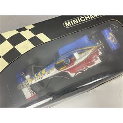Three Minichamps 1:18 scale die-cast racing cars - Bar 01 Supertec R. Zonta 1999; Benetton b197 Renault G. Berger; and Benetton F1 G. Fisichella; all boxed (3)