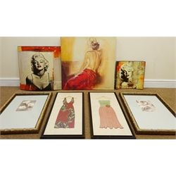  Marilyn Monroe, two curved prints, Seated Nude Lady, colour print on canvas, Still Life of Flowers, eleven prints and three others, mostly in modern frames max overall 80cm x 59cm (17)  