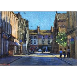 John Mackie (Scottish 1953-): Blue Skies Street Scene, pastel signed and dated '08, 24cm x 34cm
