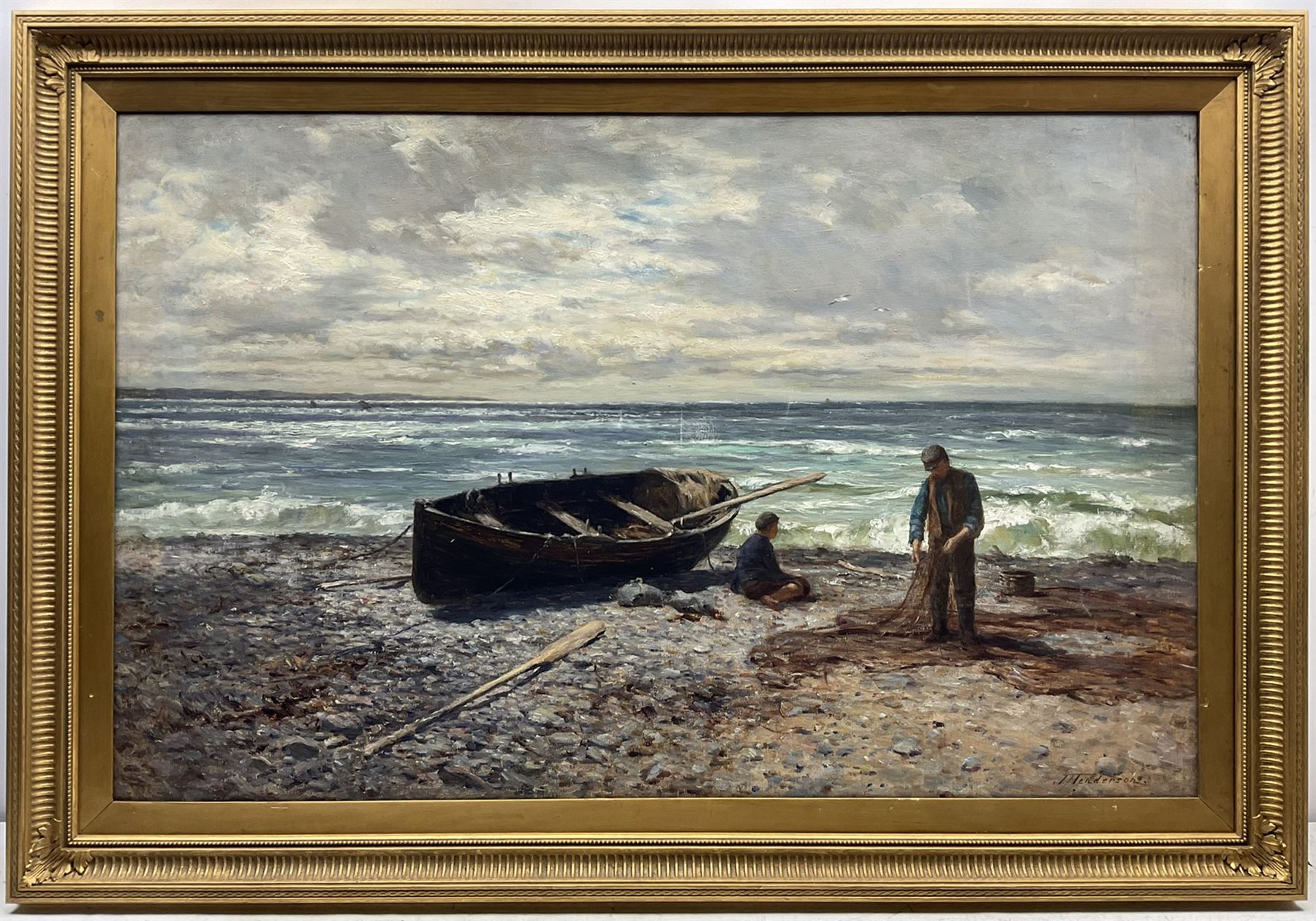 Joseph Henderson RSW (Scottish 1832-1908): ’Cleaning the Nets’ with a Rowing Boat on the Shore, oil on canvas signed, titled on the stretcher 70cm x 111cm
