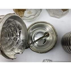 Collection of glass beehive honey pots, to include a blue slag example, milk glass, pink, green, etc together with four white metal examples (16) 