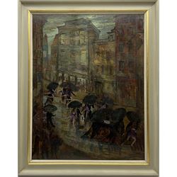 Constance-Anne Parker (British 1921-2016): Theatre Set - Dancing in the Rain, oil on board unsigned 60cm x 49cm
Provenance: direct from the artist's family previously unseen on the open market