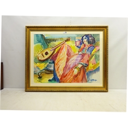  Freek van den Berg (Dutch 1918-2000): Lady with a Lute, watercolour signed also with artist's studio blind stamp 52cm x 69cm Provenance: through the artist's family. Freek belongs to the group of Fauvists and was one of the last Dutch painters who worked in this expressive and colourful manner. He was a member of the 