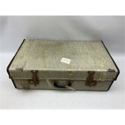 Ukelele, Westclox electric alarm  clock, vintage tins, National Rail hat, ceramics, boxed games, carved wood figures etc all housed in a suitcase