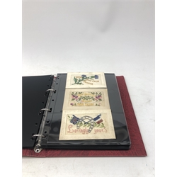  Modern loose leaf album containing over fifty WW1 silk postcards including flags of the Allies, envelope type with greeting card insets, Christmas cards   