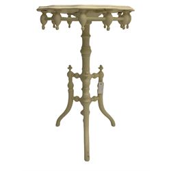 Pair Victorian style white painted side lamp tables, the trefoil shaped tops on triple pillar supports, splayed feet with carved decoration and an additional centre table with shaped top on turned stem, splayed supports