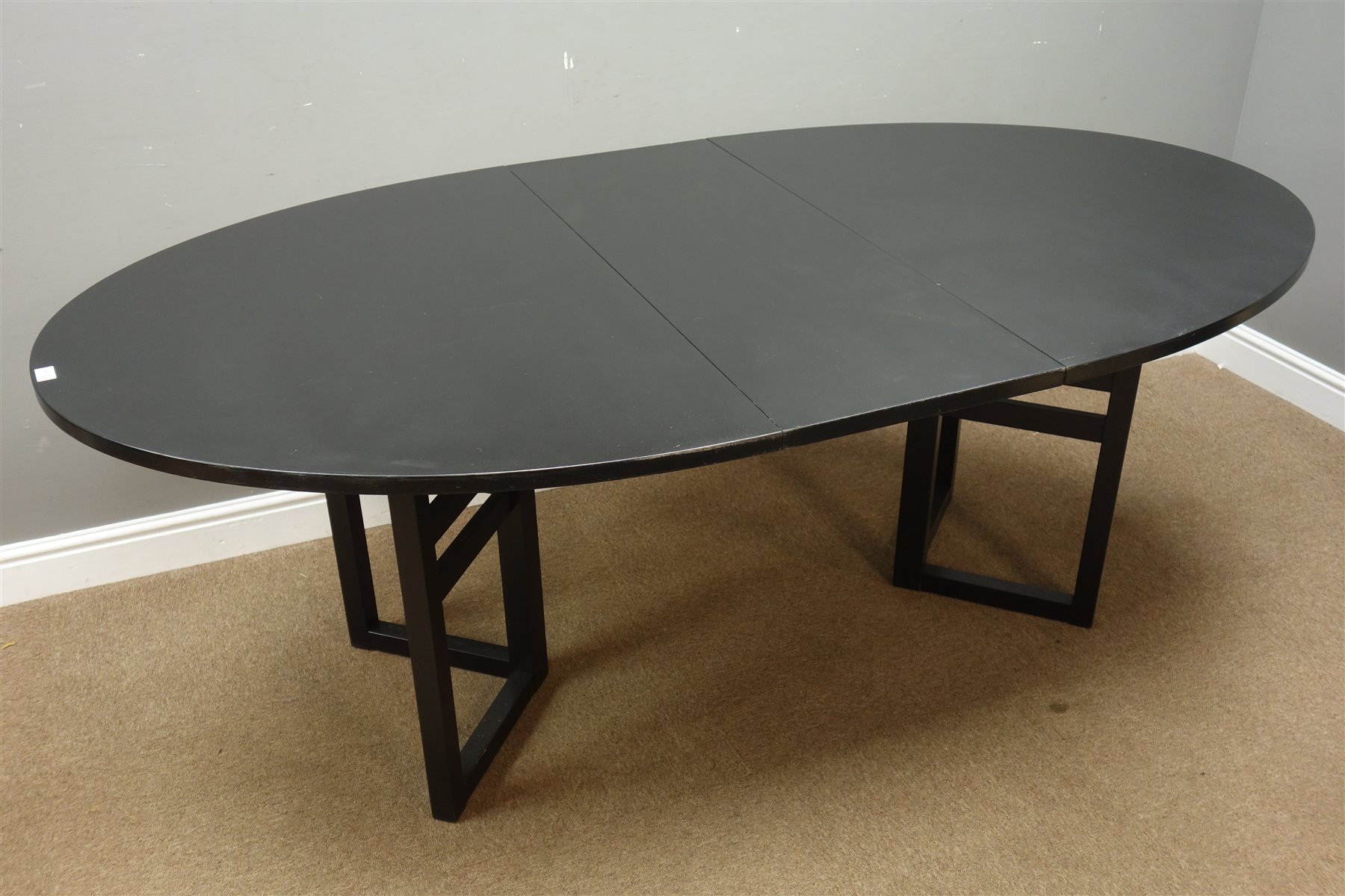 20th century Danish black finish ash dining table, oval extending table