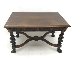 19th century Swedish oak centre table, moulded top, two drawers, carved lions head and floral detailing, barley twist supports joined by shaped stretchers, W130cm, H78cm, D86cm
