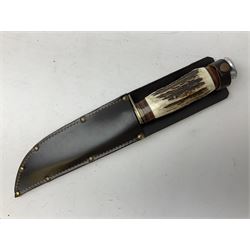 Bowie knife by J. Nowill & Sons Sheffield England Est. AD1700,  with 17.5cm steel blade, brass cross-piece, antler grip and alloy pommel; in leather sheath L32cm overall