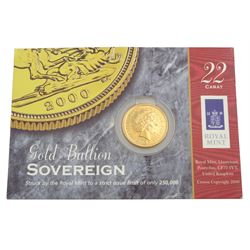 Queen Elizabeth II 2000 gold full sovereign coin, on Royal Mint card