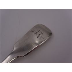 William IV silver fiddle pattern serving spoon, engraved with initial to terminal, hallmarked John, Henry & Charles Lias, London 1830