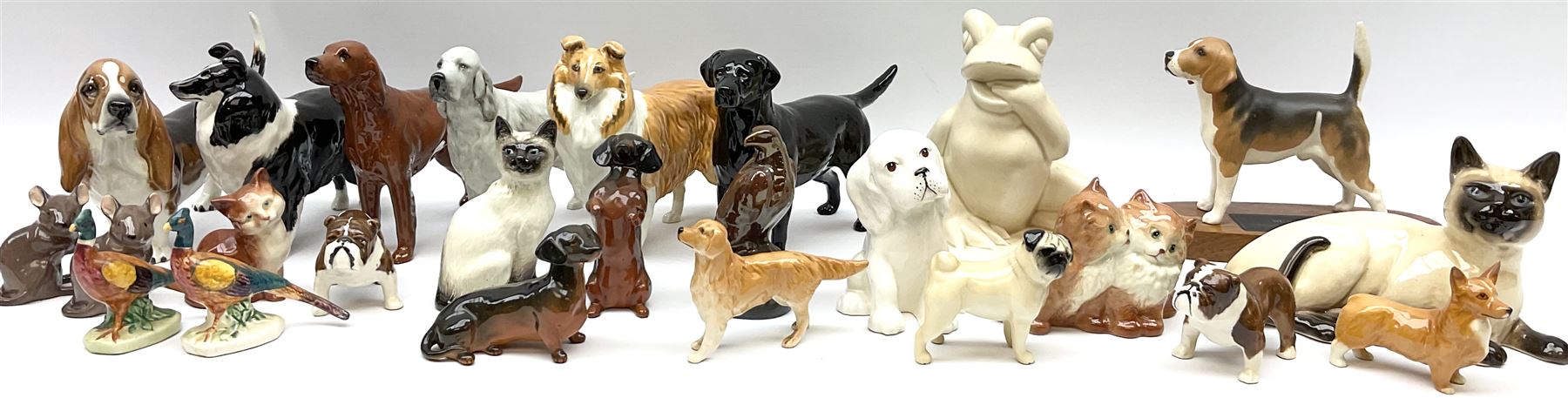 Beswick figures to include, english setter 'Bayldone Baronet', model no 973, collie, model no 1791, sheepdog, model no 1792, black labrador, model no 1548, Irish red setter, model no 966, Connoisseur Beagle on a wooden plinth 1933B, frog in cream matt, model no 368, etc 