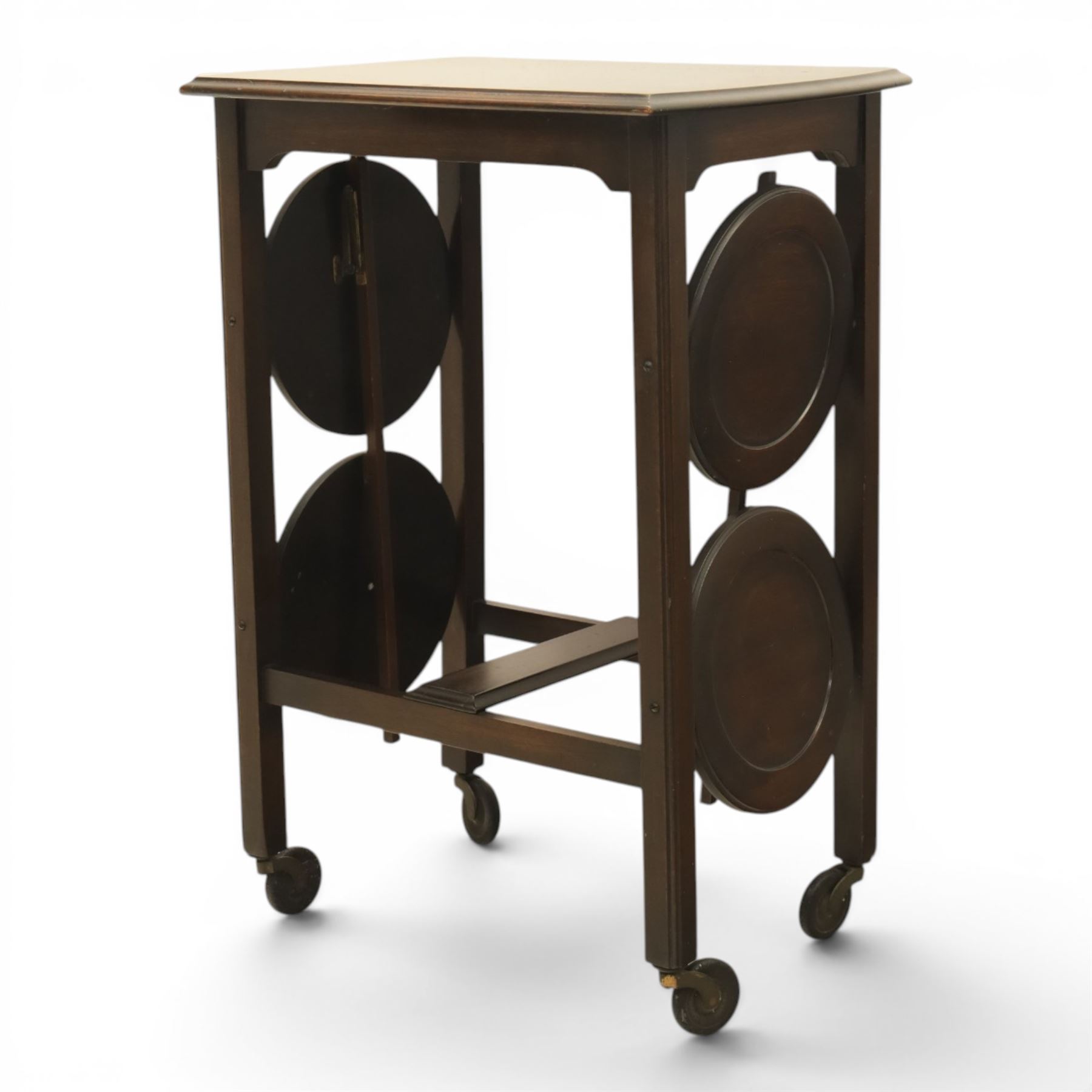 Early 20th century side table with double cake stand, rectangular moulded top, cake stands either side with support, raised on square legs terminating in castors
