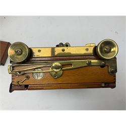 Sands Hunter & Co Ltd folding 1/4 plate camera in mahogany and lacquered brass, with two lenses and leather case