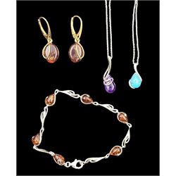 Silver gilt amber pendant earrings, silver amber bracelet, turquoise pendant on chain and a similar amethyst example, all stamped 925