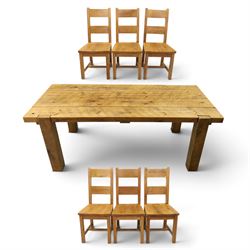 Indigo Furniture - large rustic oak dining table, rectangular four plank top raised on squ...