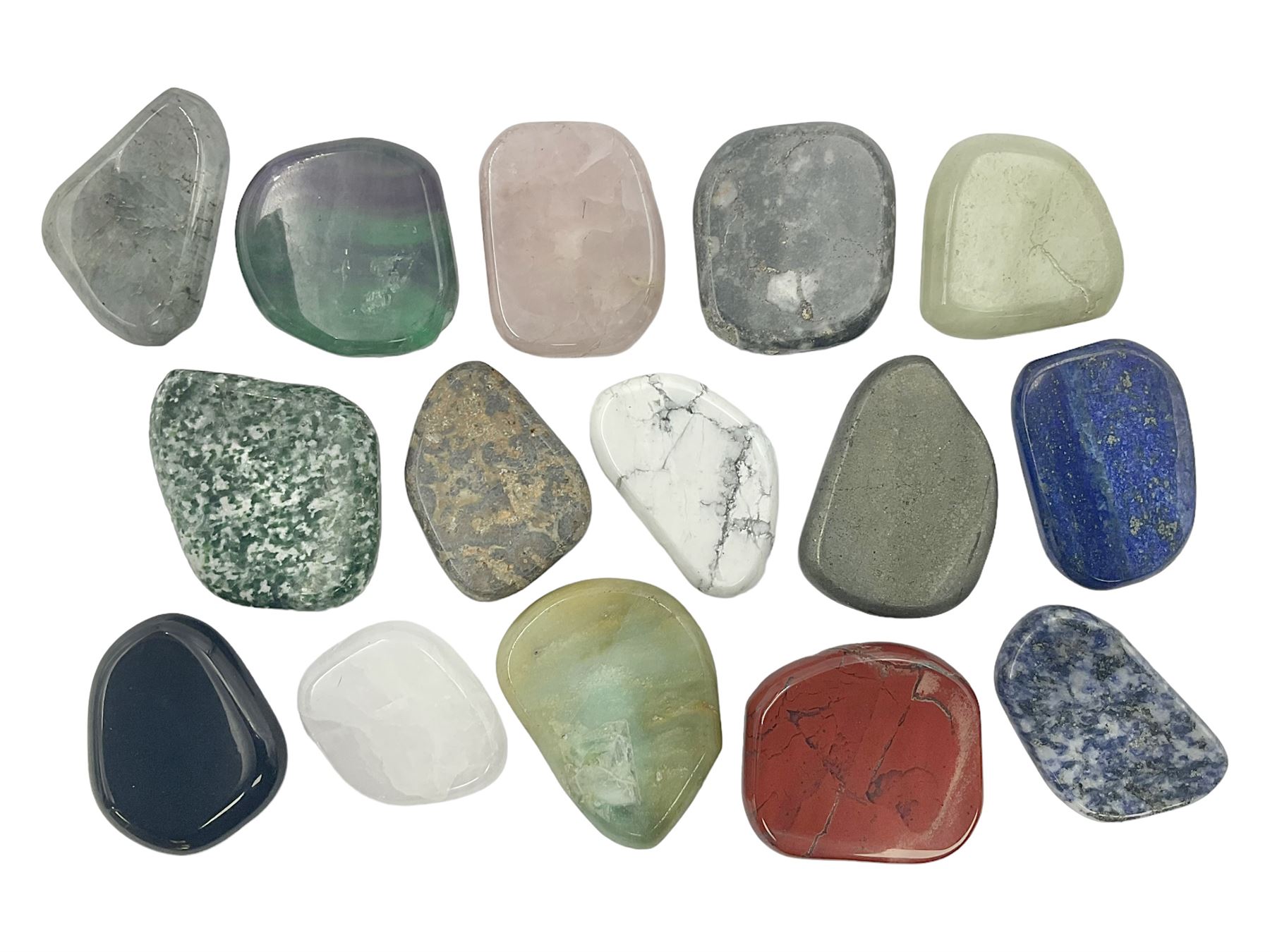 Fifteen mineral specimens, each cut and polished to highlight natural formations, including lapis lazuli, rose quartz, green aventurine, jasper, black obsidian etc, L4cm