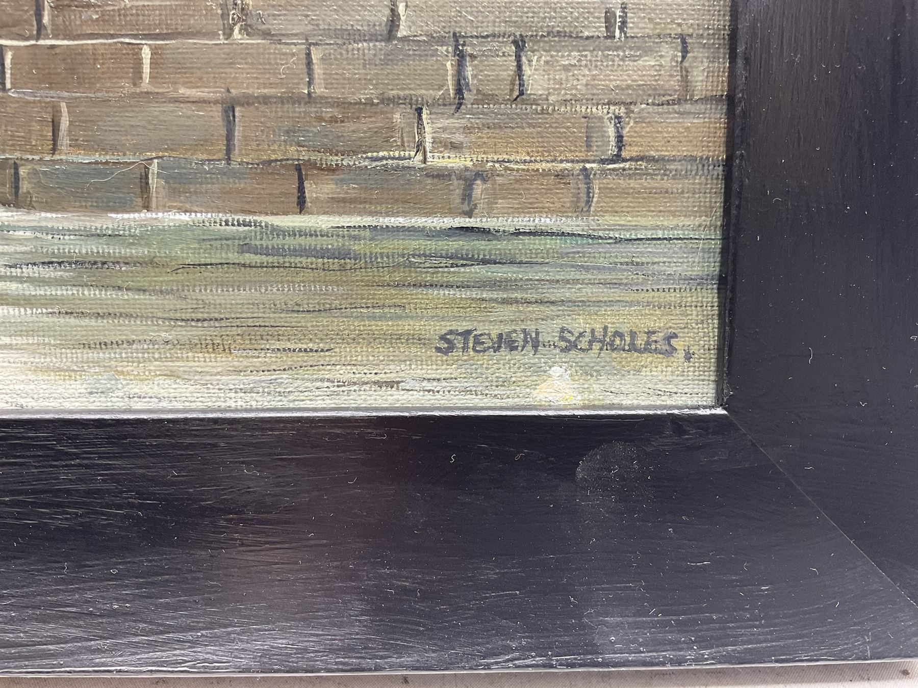 Steven Scholes (Northern British 1952-): 'Bridgewater Canal - Castle Field Manchester 1938', oil on canvas signed, titled verso 30cm x 40cm