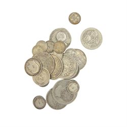Approximately 170 grams of pre 1920 Great British silver coins, commemorative crowns, King George V Australia 1933 florin, Queen Elizabeth II South Africa 1955 two and a half shillings, pre-Euro coinage etc and various world stamps