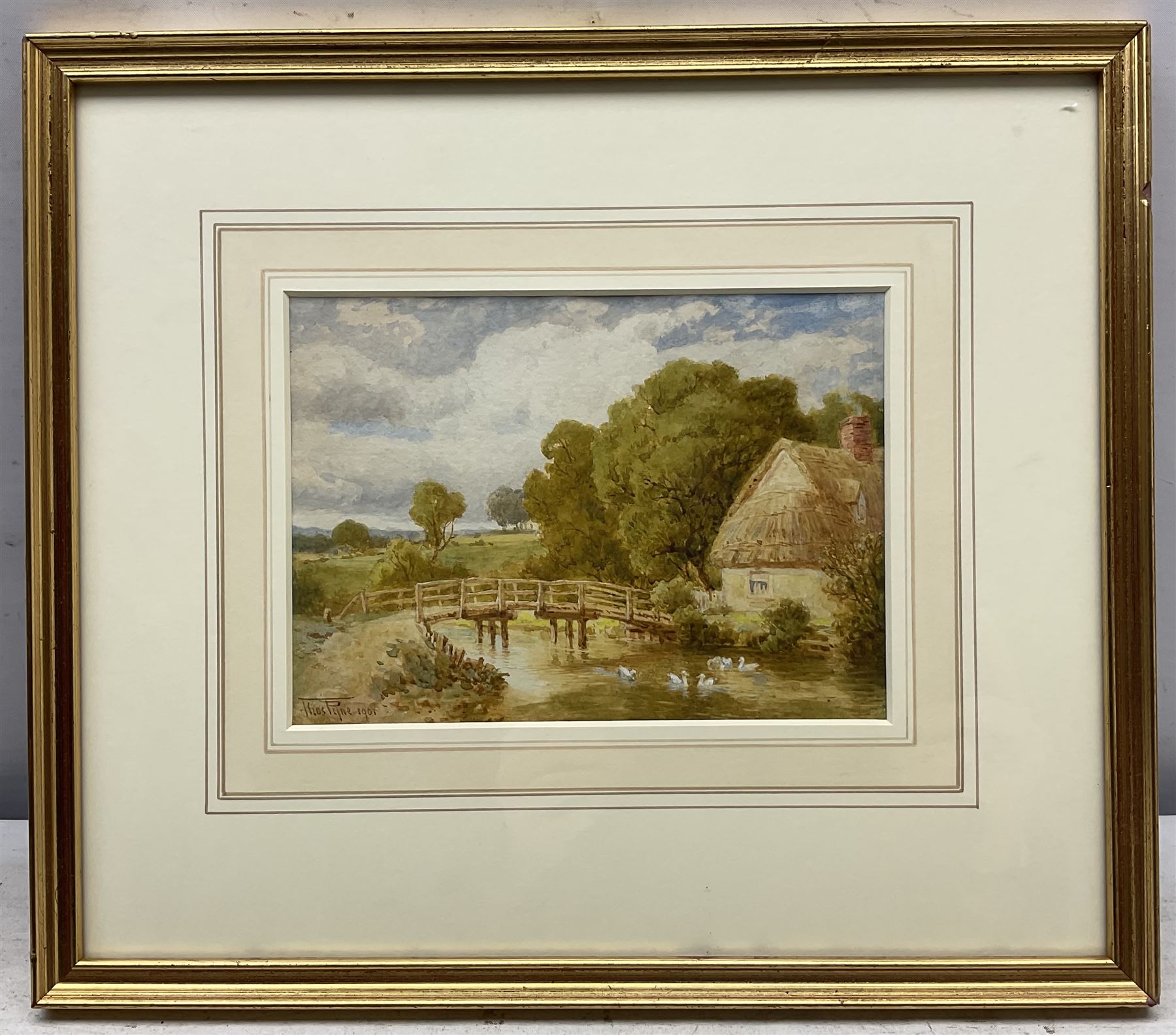 Thomas Pyne RI (British 1843-1935) Ducks in a Pond by a Bridge, watercolour signed and dated 1901, 13cm x 18cm; Walter Duncan (British 1848-1932): Punting on the River, watercolour signed and dated 1907, 13cm x 21.5cm (2)