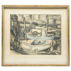 Guy Burn (British 20th Century). 'Polperro Harbour', mixed media signed and dated 1950, titled on The Leicester Galleries label verso 37cm x 47cm