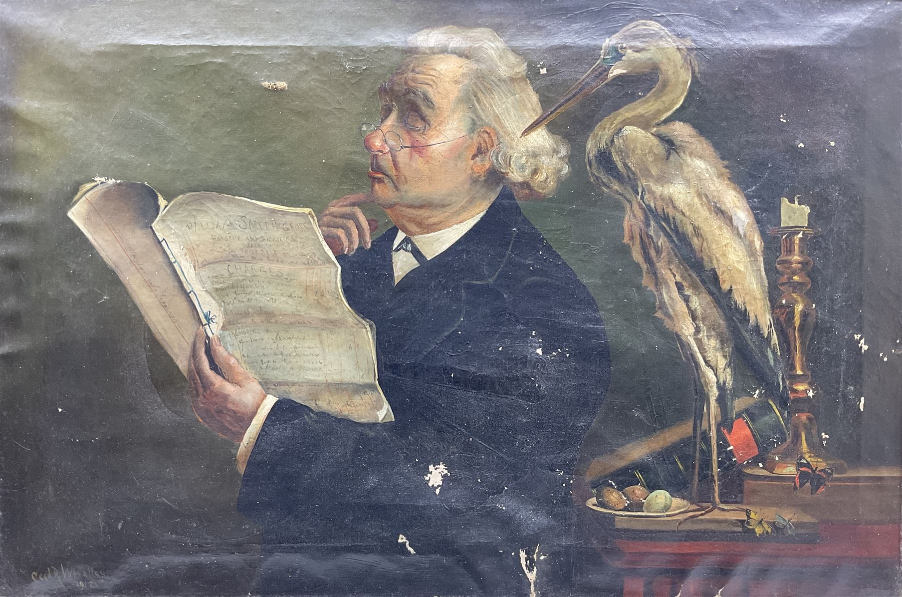 Cecil Ross Wheatley (British 1892-1967): The Lawyer's Bill, oil on canvas signed and dated 1912, label verso 50cm x 75cm