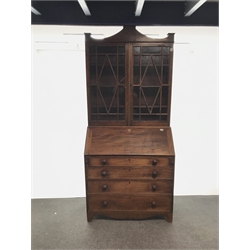 19th century mahogany bureau bookcase, two doors enclosing three shelves above fall front with fitted interior, four graduating drawers, shaped plinth base, W102cm, H224cm, D55cm