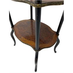 French Amboyna and Kingwood banded stand, three shaped tiers, brass gallery